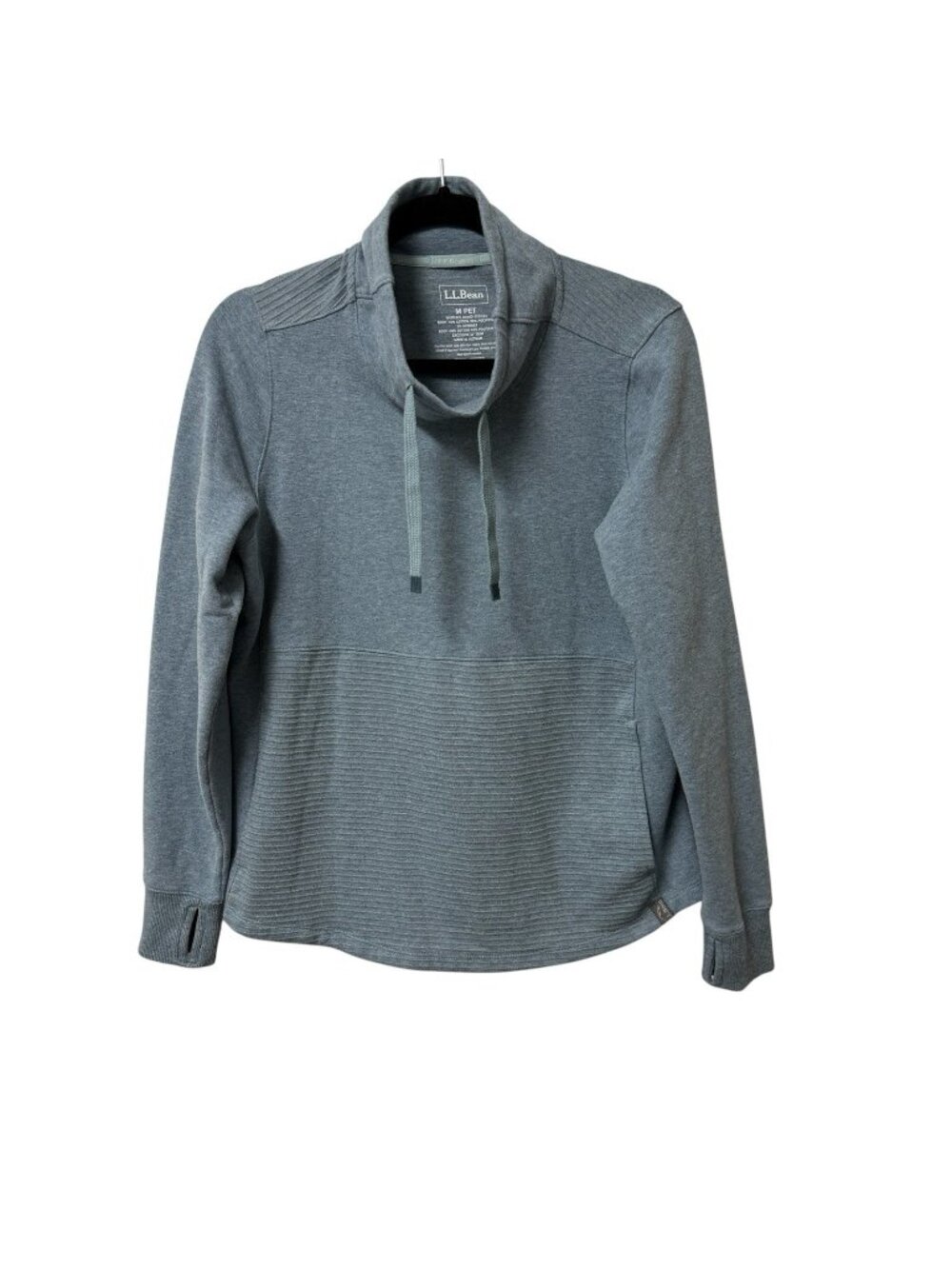 LL BEAN COZY MIXED KNIT PULLOVER FUNNEL NECK SIZE M PETITE BLUE FLEECE LINED